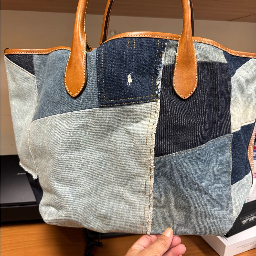 Ralph Lauren Denim Patchwork Tote with Brown Leather Handles